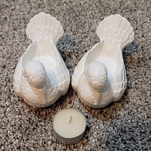 Set of Two White Ceramic Bisque Tea Light Birds Vintage 1985